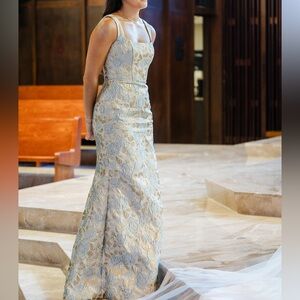 Dessy Collection Gold and Silver Floral Maxi Dress